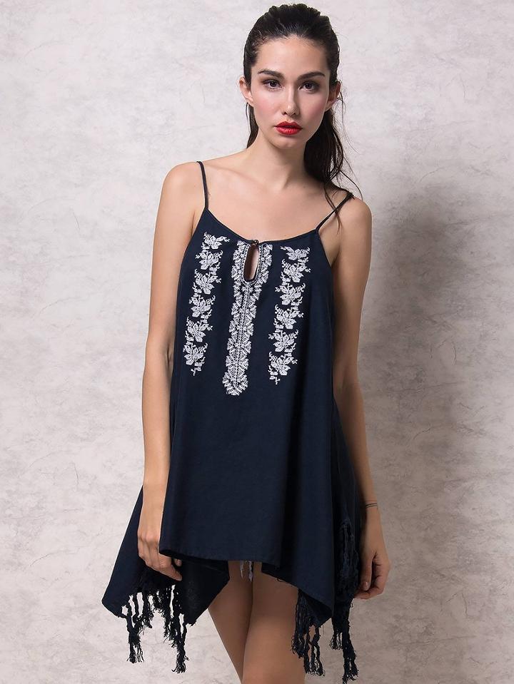 Choies Navy V-neck Embroidery Pattern Tassel Detail Cami Top