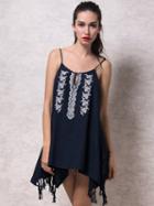 Choies Navy V-neck Embroidery Pattern Tassel Detail Cami Top