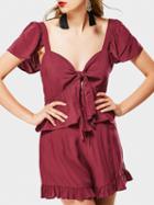 Choies Burgundy Cotton V-neck Tie Front Chic Women Top And High Waist Shorts