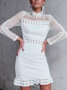Choies White High Neck Cut Out Detail Long Sleeve Lace Mini Dress