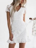 Choies White V-neck Tie Waist Sheer Panel Ruffle Hem Mini Dress