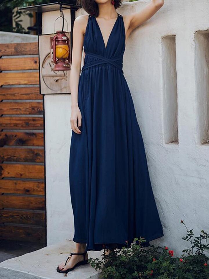 Choies Blue Chiffon V-neck Open Back Vintage Women Cami Maxi Dress