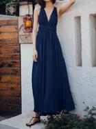Choies Blue Chiffon V-neck Open Back Vintage Women Cami Maxi Dress