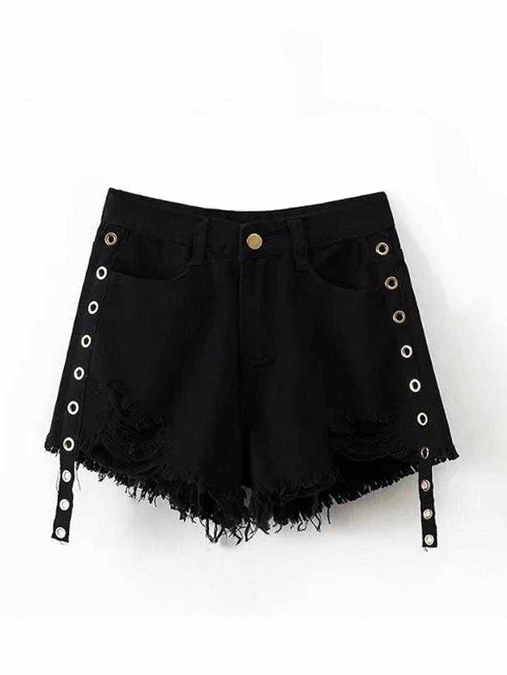 Choies Black High Waist Eyelet Raw Hem Denim Shorts