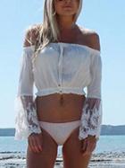 Choies White Cotton Off Shoulder Lace Panel Flare Sleeve Chic Women Crop Top