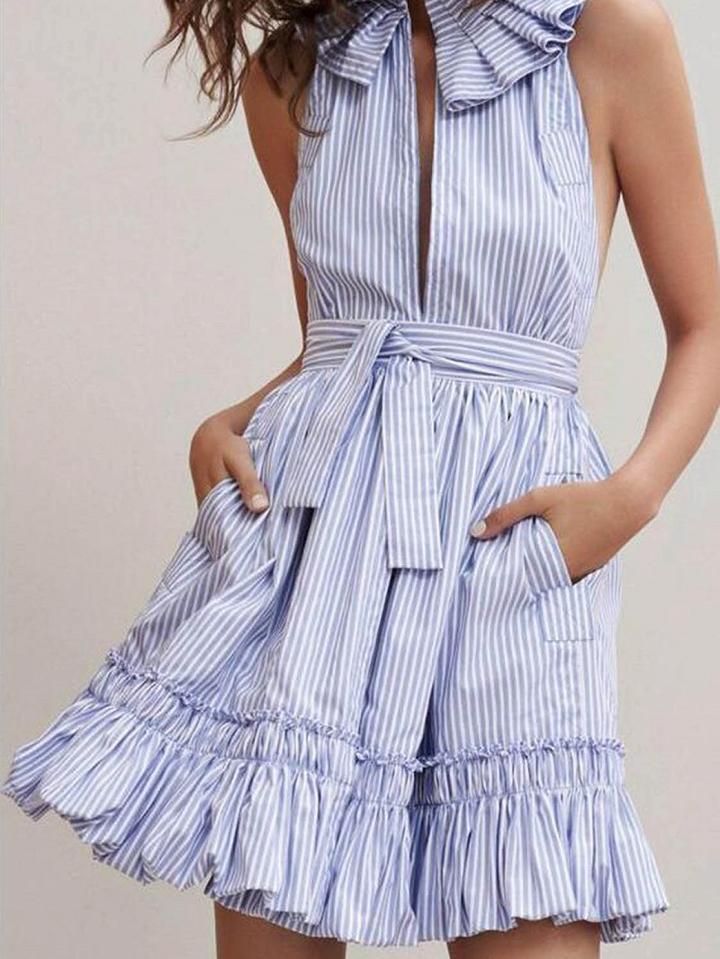 Choies Blue Stripe Ruffle Trim Slit Front Sleeveless Skater Dress