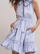 Choies Blue Stripe Ruffle Trim Slit Front Sleeveless Skater Dress