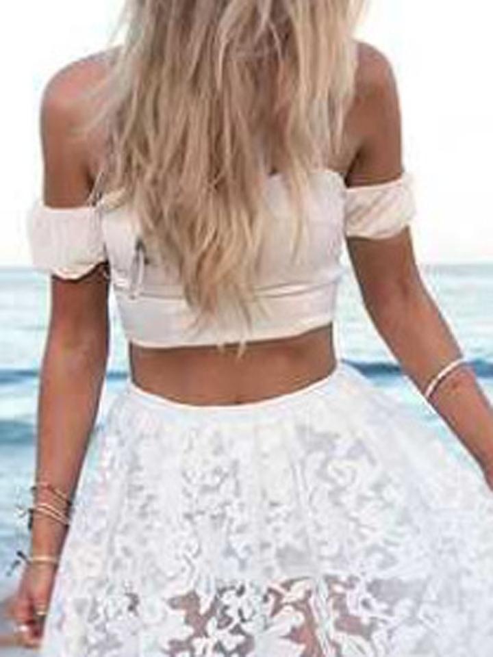 Choies White Strapless Crop Top And High Wiast Lace Skater Midi Skirt