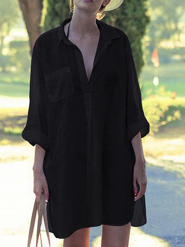 Choies Black Lapel V-neck Pocket Detail Split Side Long Sleeve Blouse