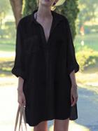 Choies Black Lapel V-neck Pocket Detail Split Side Long Sleeve Blouse