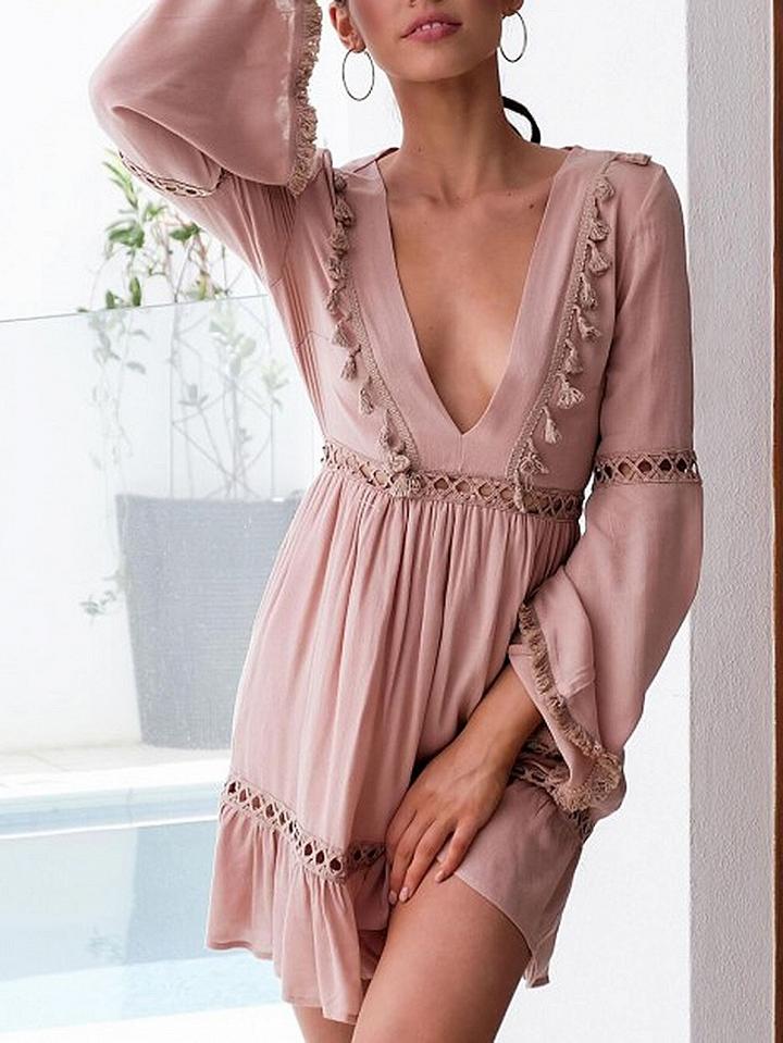 Choies Pink Plunge V-neck Flare Sleeve Mini Dress