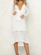 Choies White Plunge Tie Waist Long Sleeve Chic Women Lace Hi-lo Midi Dress