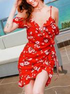Choies Red Chiffon V-neck Floral Print Ruffle Trim Chic Women Cami Mini Dress