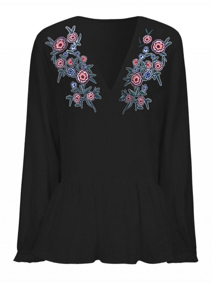 Choies Black V-neck Floral Embroidered Detail Peplum Blouse