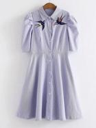 Choies Blue Stripe Embroidery Half Sleeve A-line Shirt Dress