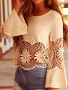 Choies Beige Crochet Floral Flare Sleeve Crop Top
