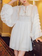 Choies White Ruffle Detail Puff Sleeve Tie Cuff Mini Dress