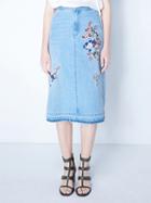 Choies Blue High Waist Light Wash Embroidery Detail A-line Denim Skirt
