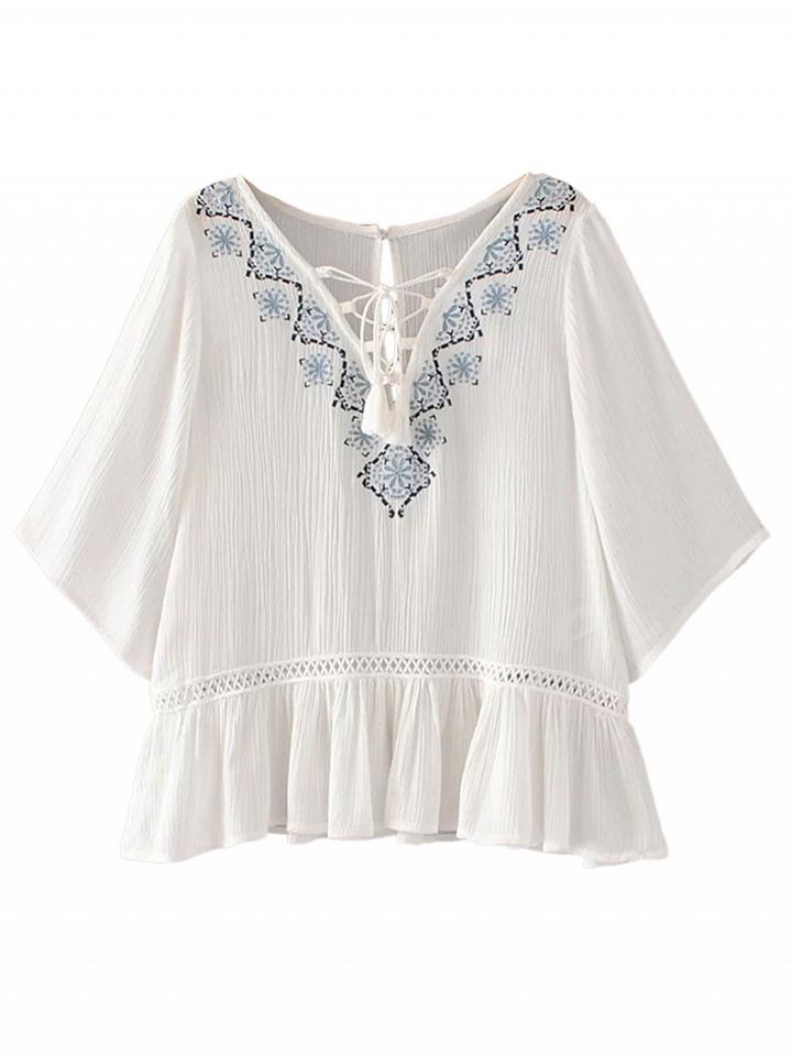 Choies White Embroidery Detail Tie Front Ruffle Blouse