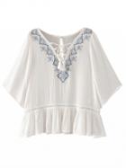 Choies White Embroidery Detail Tie Front Ruffle Blouse