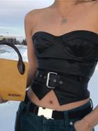 Choies Black Leather Look Bandeau Buckle Strap Waist Chic Women Crop Top