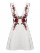 Choies White Deep V-neck Embroidered Detail Open Back Dress