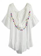 Choies White Crochet Panel Colorful Pom Pom Plunge Back Dress