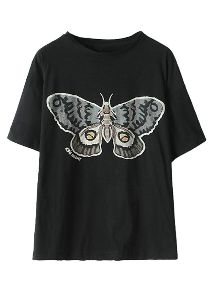 Choies Black Short Sleeve Butterfly Print T-shirt