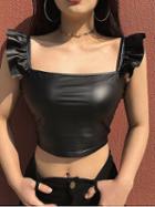 Choies Black Frill Trim Leather Look Crop Tank