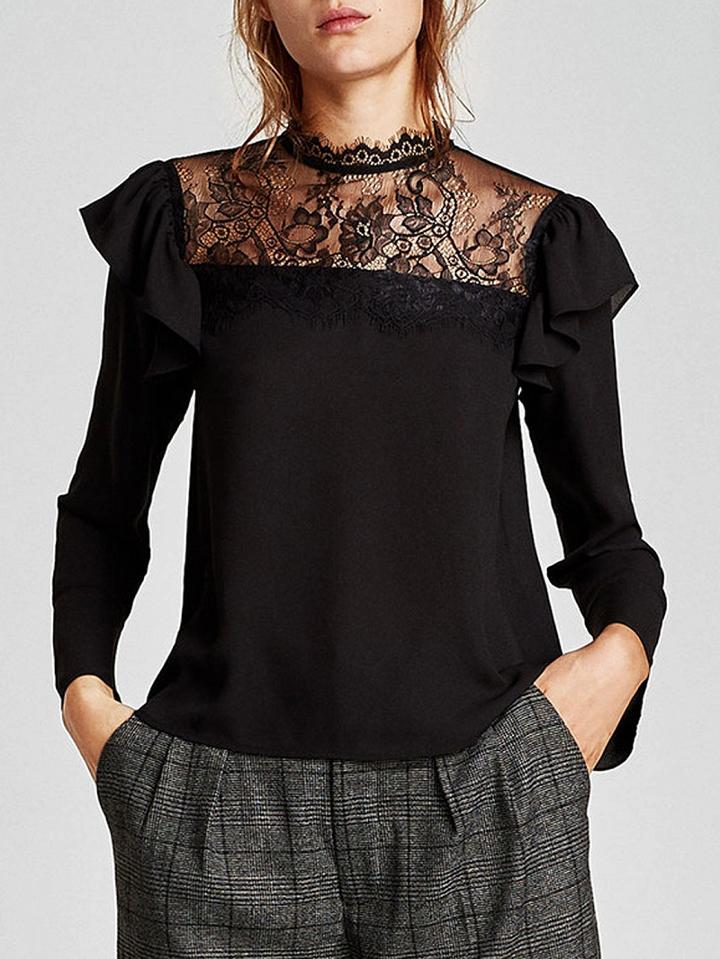 Choies Black Lace Panel Long Sleeve Blouse