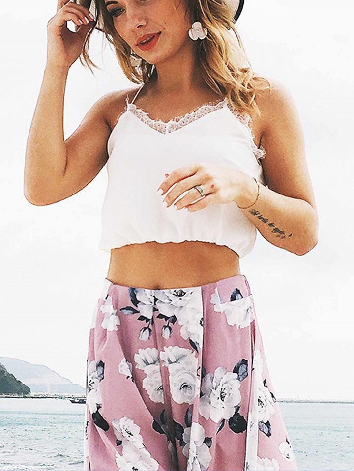 Choies White Spaghetti Strap V-neck Lace Trim Crop Tank Top