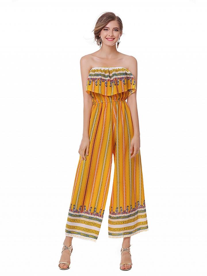 Choies Yellow Bandeau Geo-tribal Print Wide Leg Jumpsuit