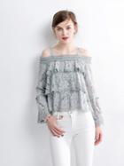 Choies Gray Layer Ruffle Cold Shoulder Bell Sleeve Lace Top