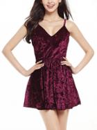 Choies Burgundy Velvet Plunge Open Back Mini Dress