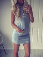Choies Gray Drawstring Hooded Pouch Pocket Sleeveless Sweat Dress