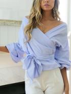 Choies Blue Cotton Blend V-neck Strap Cross Half Sleeve Chic Women Blouse