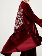 Choies Burgundy Tie Waist Embroidery Back Velvet Longline Coat