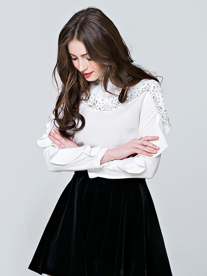 Choies White Beaded Detail Ruffle Trim Long Sleeve Blouse