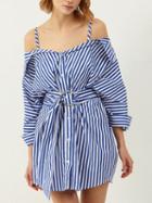 Choies Blue Stripe Cotton Cold Shoulder Tie Waist Chic Women Mini Dress