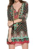 Choies Multicolor Geo Tribe Pattern Tie Front 3/4 Sleeve Shift Dress