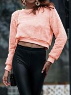 Choies Pink Corduroy Long Sleeve Chic Women Crop Top