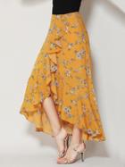 Choies Yellow Floral Print Ruffle Asymmetric Hem Wrap Skirt