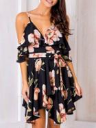 Choies Black Cold Shoulder Ruffle Floral Print Asymmetric Cami Dress