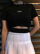 Choies Black Letter Print Cut Out Detail Crop T-shirt