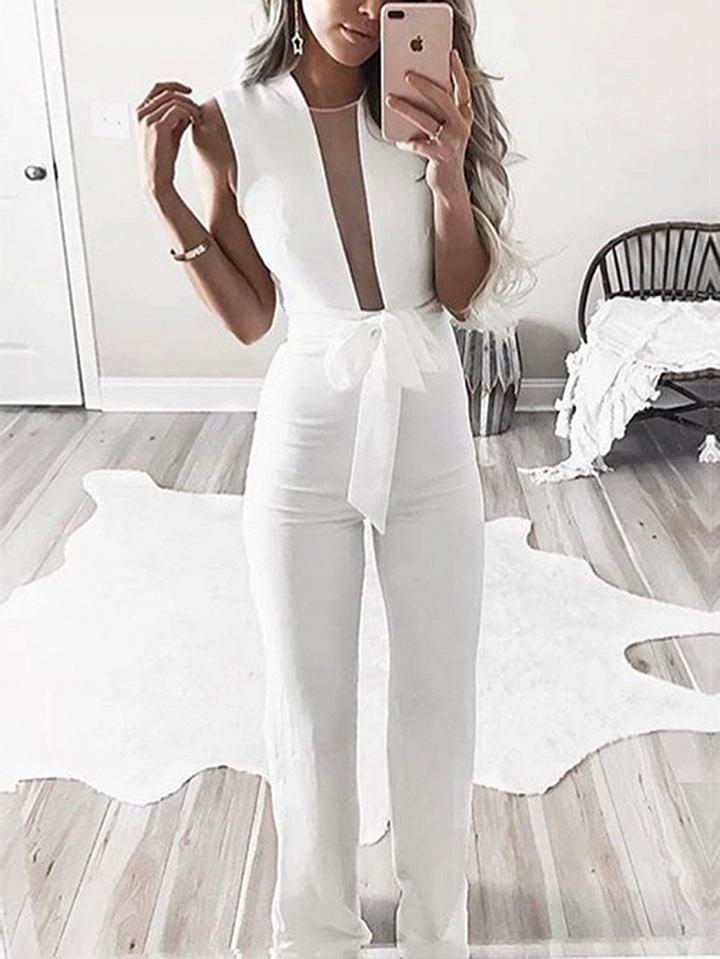 Choies White Sheer Mesh Panel Tie Waist Sleeveless Romper Jumpsuit