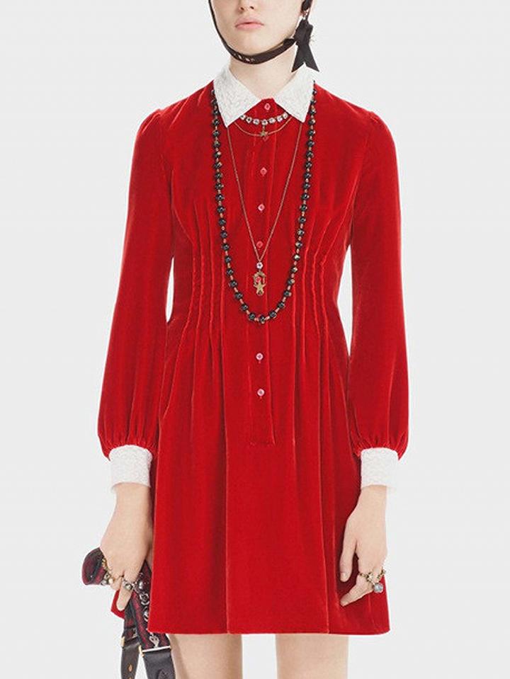 Choies Red Velvet Contrast Shirt Collar Long Sleeve Mini Dress
