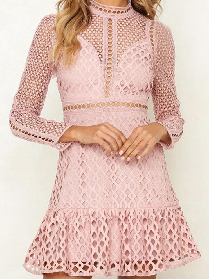 Choies Pink Ruffle Hem Long Sleeve Chic Women Lace Mini Dress