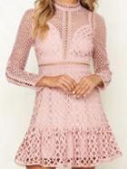 Choies Pink Ruffle Hem Long Sleeve Chic Women Lace Mini Dress