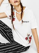 Choies White Floral Embroidery Cut Out Front Blouse