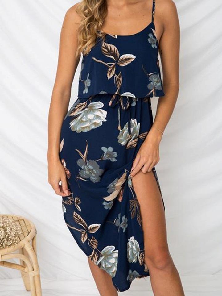 Choies Navy Blue Spaghetti Strap Floral Print Asymmetric Hem Chic Women Dress